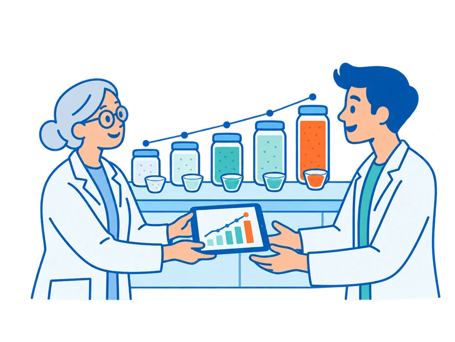 A senior food technologist handing project results to a younger colleague, with prototypes improving step by step behind them