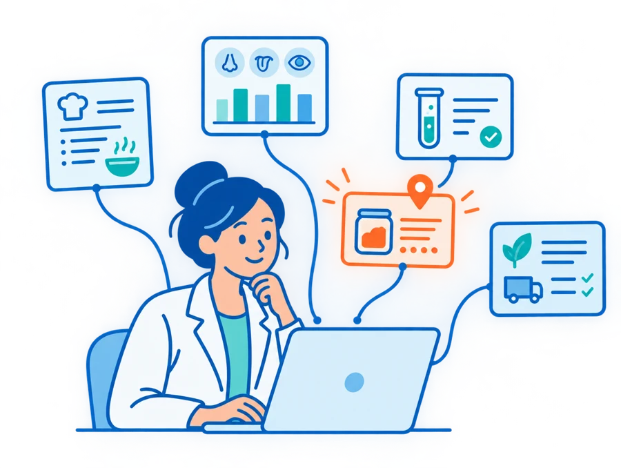 A food technologist at a laptop finding a past trial among recipe, sensory, lab and supplier cards