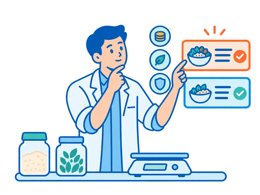A food scientist at the bench choosing between candidate recipes within cost, nutrition and regulatory limits